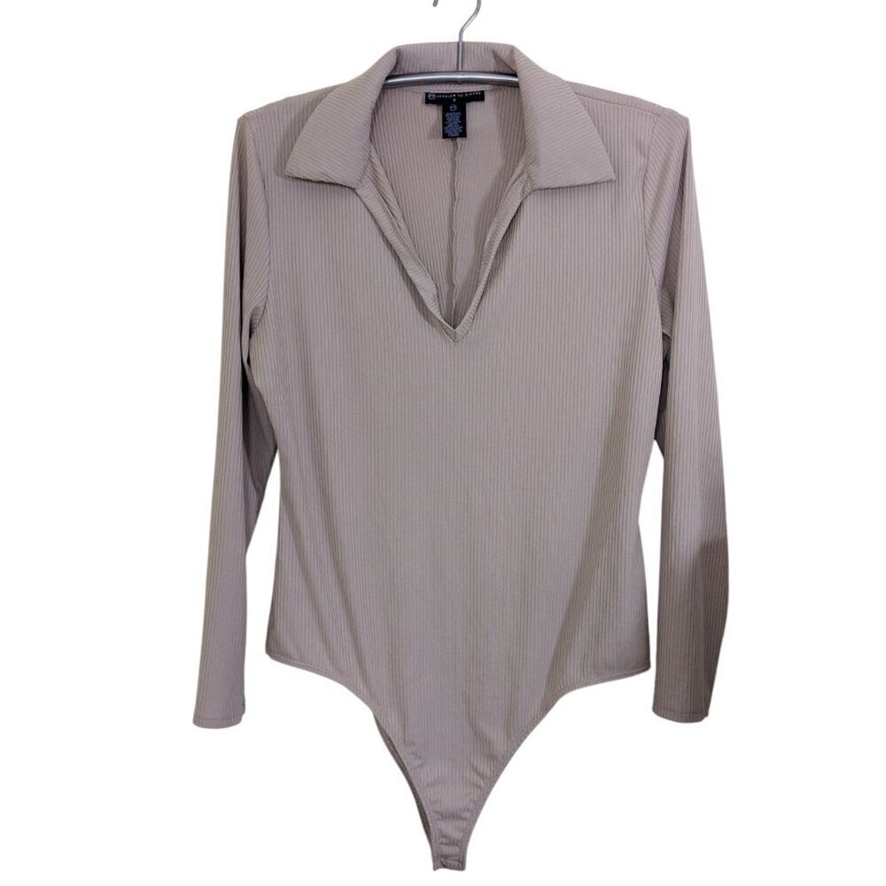 Fashion To Figure Womens Bodysuit Plus 2X Beige Long Sleeve Collar V Neck Ribbed
